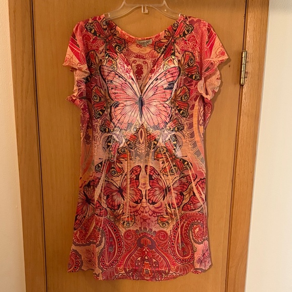 One World Live and Let Live Women’s Butterfly Y2K Tunic Top Blouse Pink Size XL - Picture 1 of 10